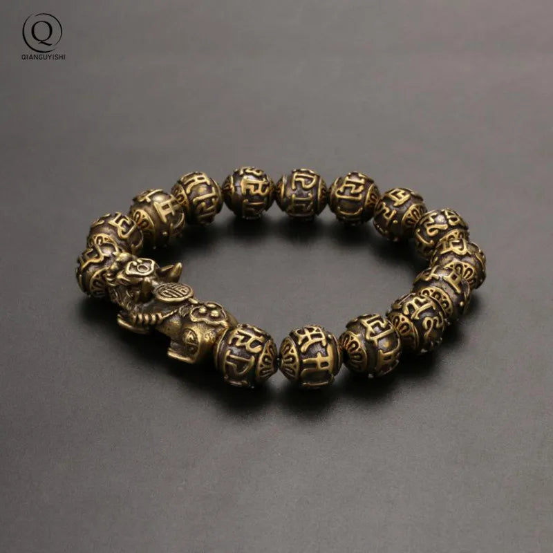 Vintage Copper Six Words Mysterious Animal Beads Chains Bracelets Brass Rosary Bangles Fashion Men Luckly Money Bracelet Jewelry