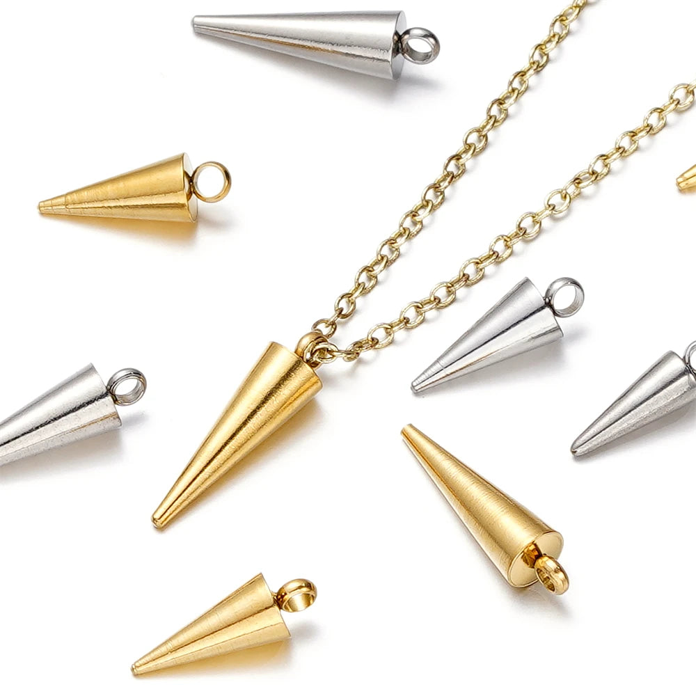 10pcs/lot Stainless Steel Cone Charms Retro Spike Beads Pendants for Women Man Hoop Earring DIY Jewelry Making Supplies