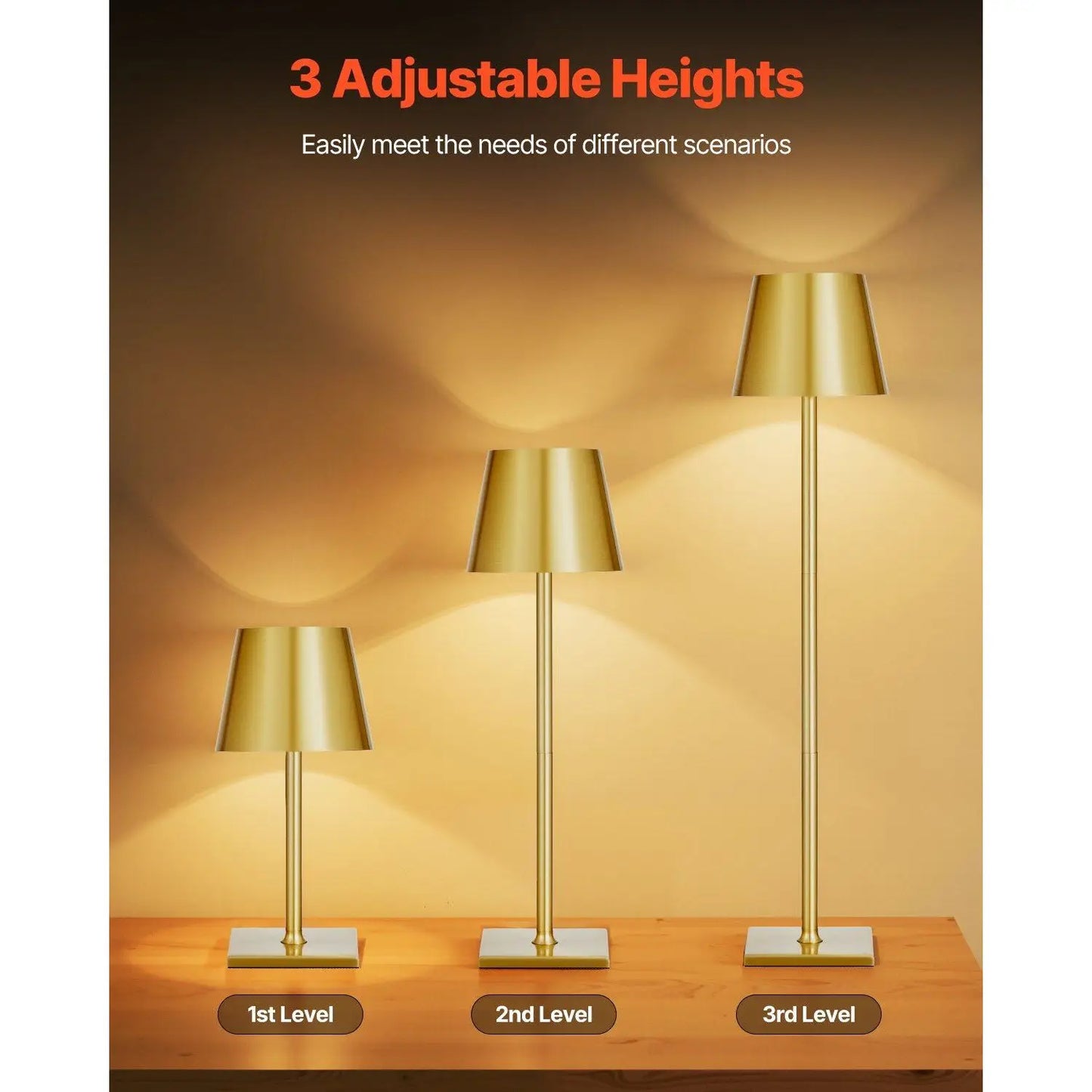 2 PCS Cordless Table Lamps Gold Rechargeable Battery Desk Lamps with Adjustable Height