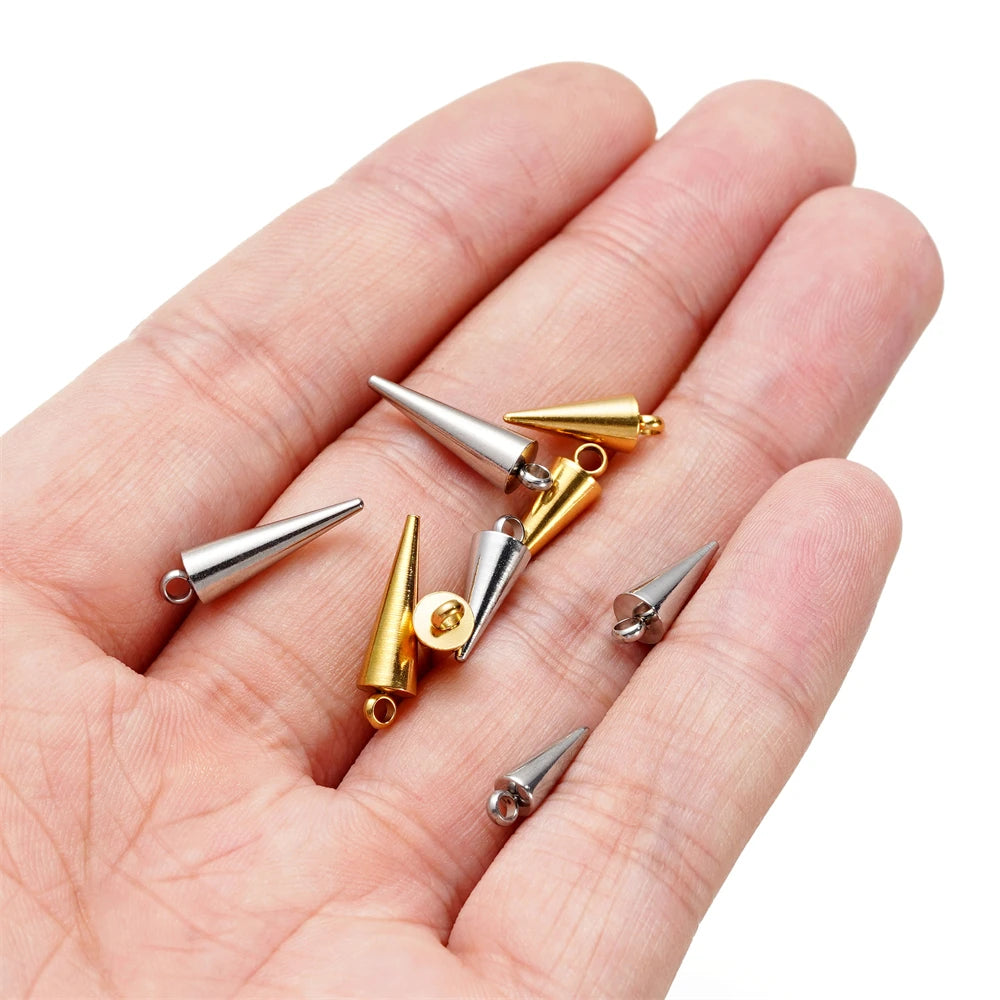 10pcs/lot Stainless Steel Cone Charms Retro Spike Beads Pendants for Women Man Hoop Earring DIY Jewelry Making Supplies