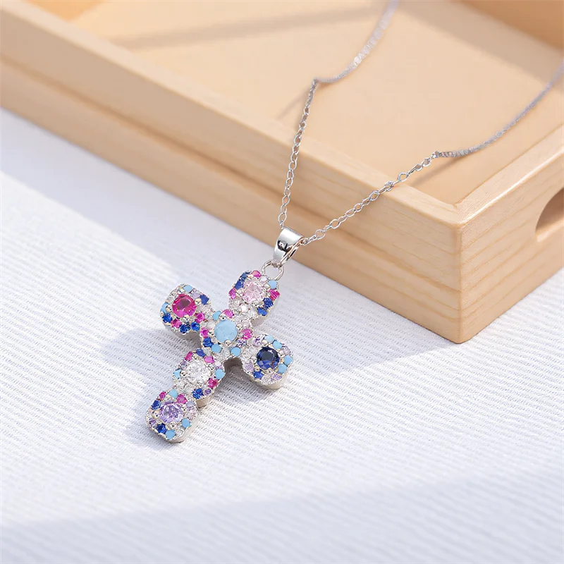 Multicolor Zircon Big Cross Pendant Female Luxury Clavicle Necklaces For Women Stainless Steel Chains Wedding Party Neck Jewelry