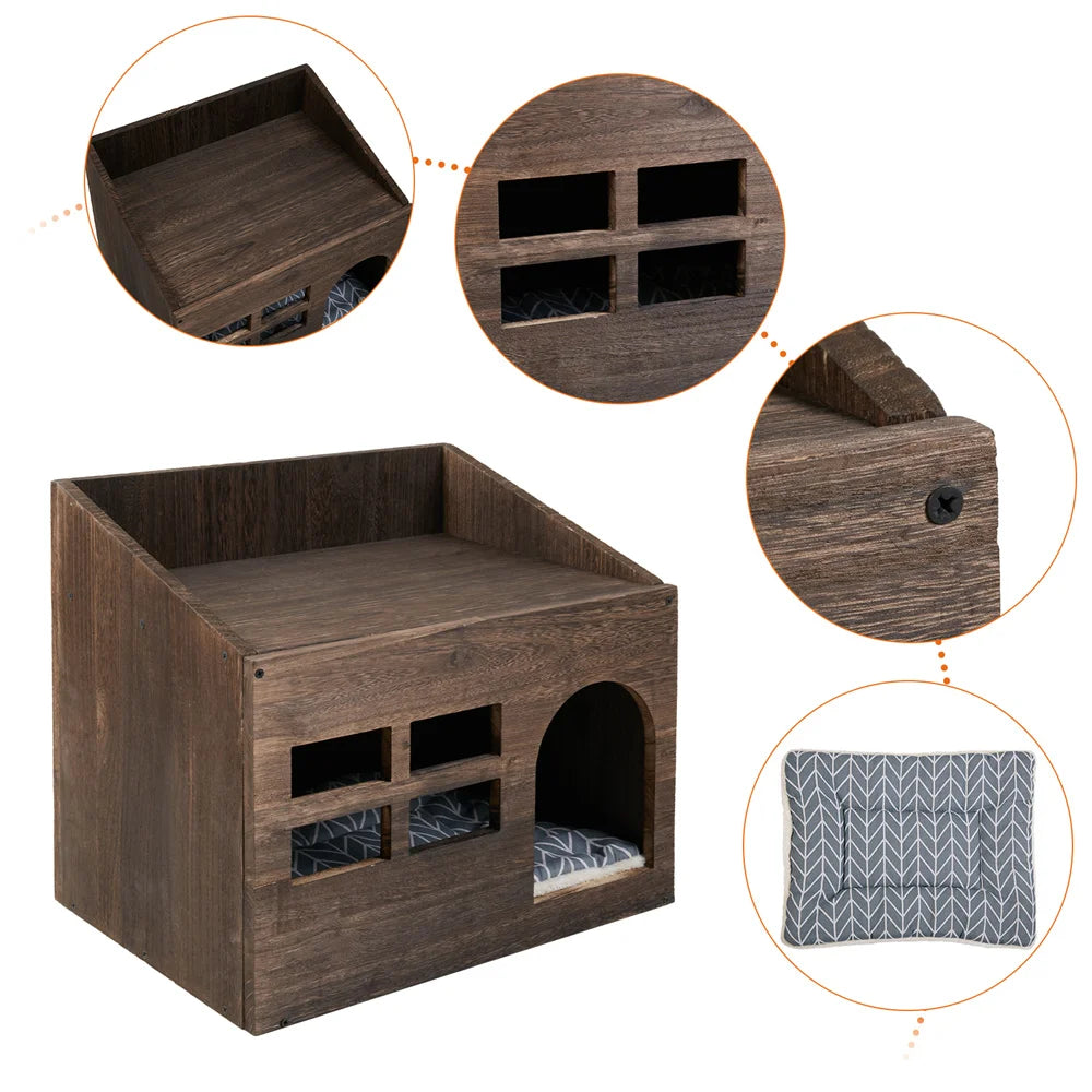 2 In 1 Wooden Cat House Puppy Rabbit Hideout Shelter Small Cat Pet End Table Furniture with Soft Washable Cushion Indoor Outdoor