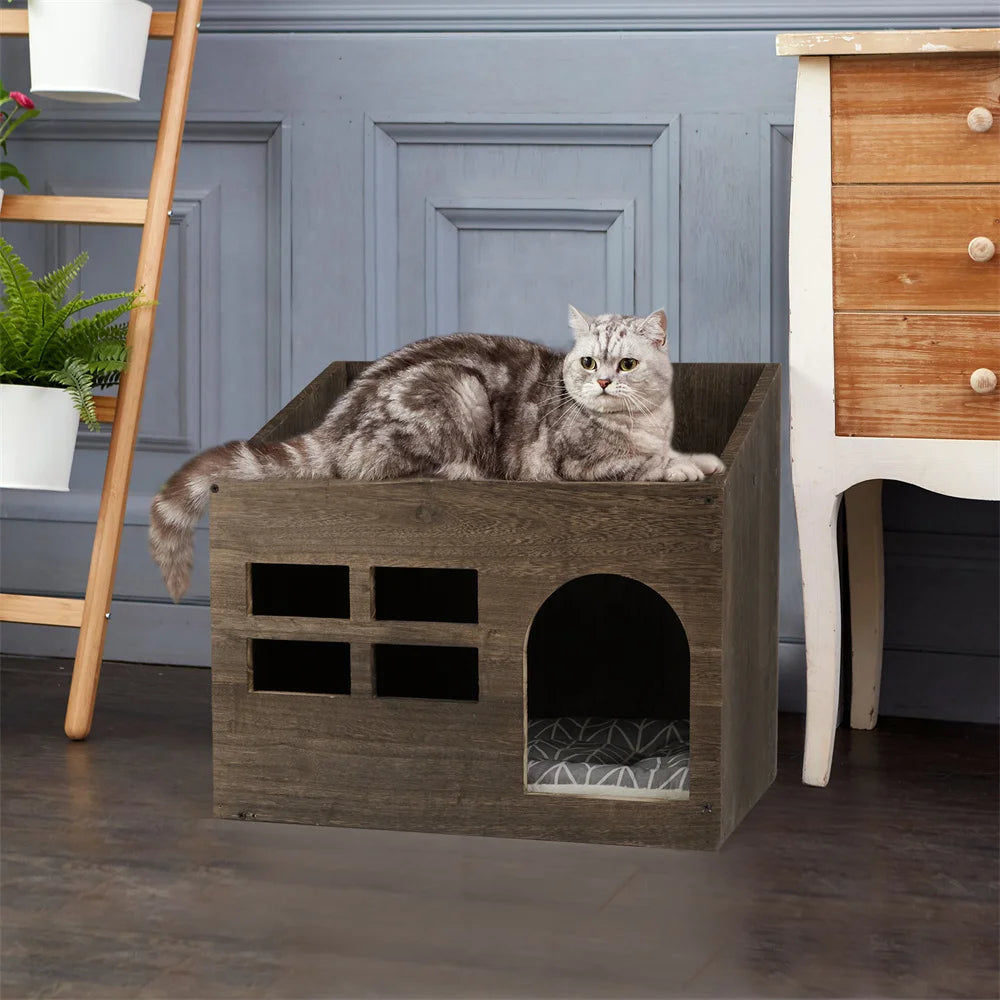 2 In 1 Wooden Cat House Puppy Rabbit Hideout Shelter Small Cat Pet End Table Furniture with Soft Washable Cushion Indoor Outdoor