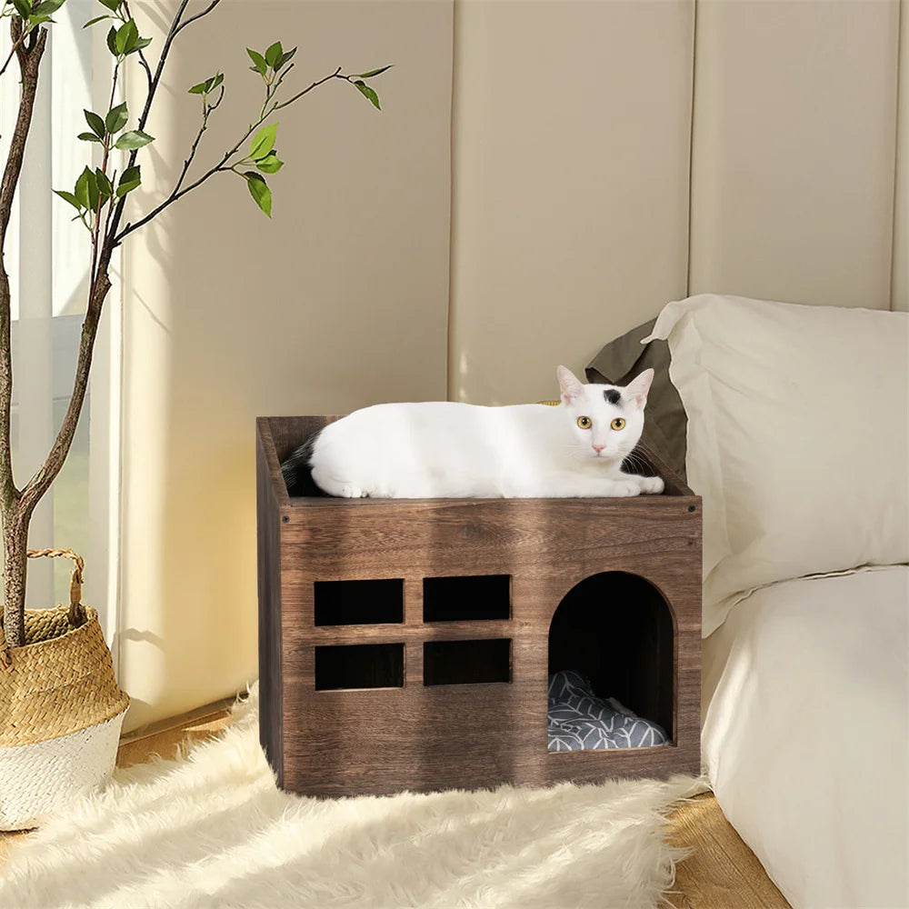 2 In 1 Wooden Cat House Puppy Rabbit Hideout Shelter Small Cat Pet End Table Furniture with Soft Washable Cushion Indoor Outdoor
