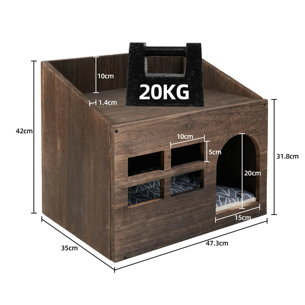 2 In 1 Wooden Cat House Puppy Rabbit Hideout Shelter Small Cat Pet End Table Furniture with Soft Washable Cushion Indoor Outdoor