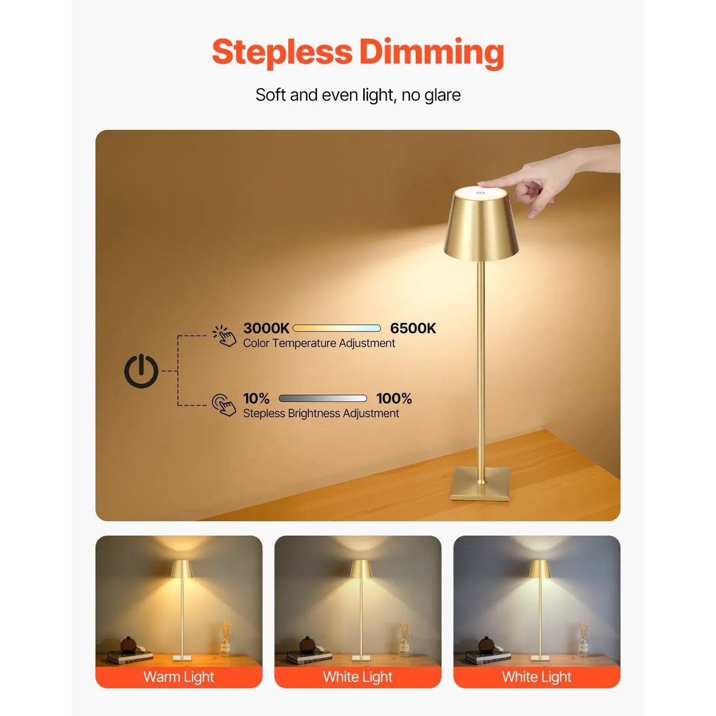 2 PCS Cordless Table Lamps Gold Rechargeable Battery Desk Lamps with Adjustable Height