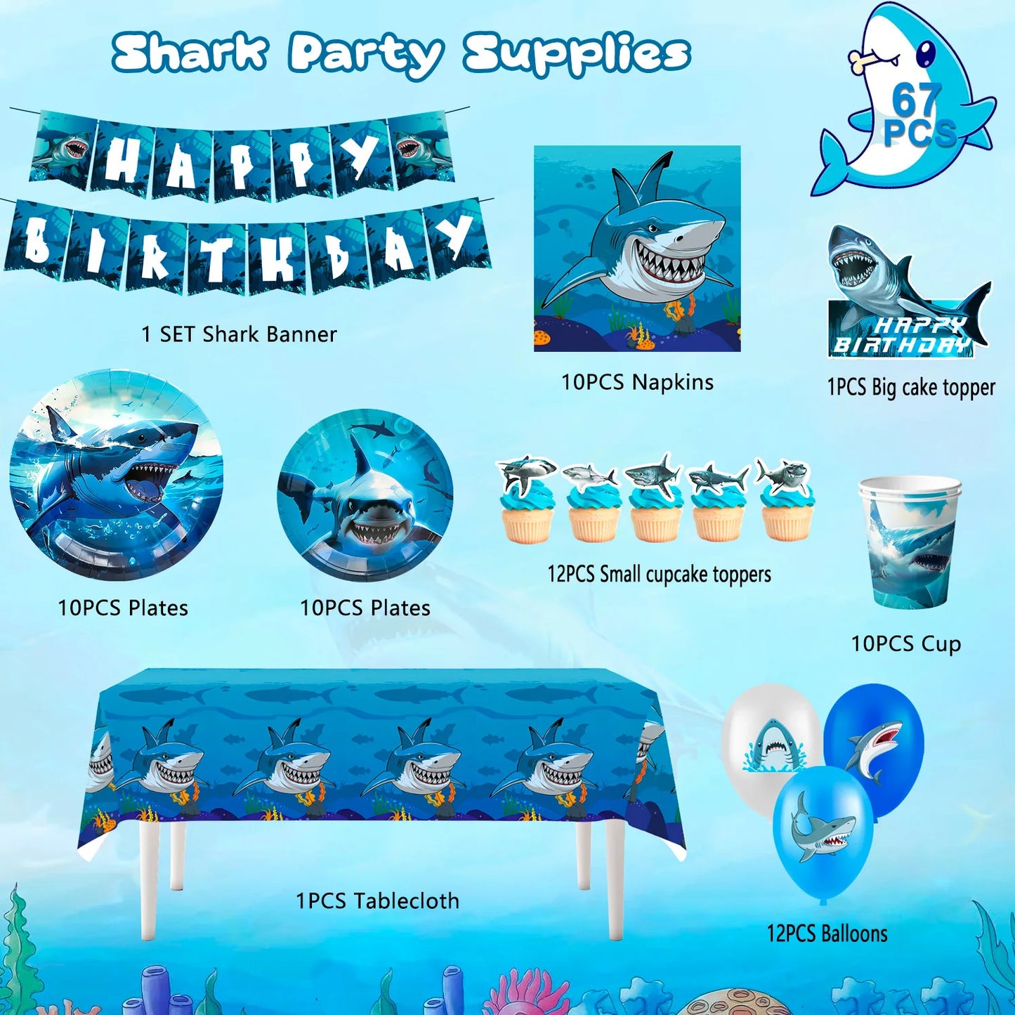 Shark Party Supplies,67 Pcs Shark Birthday Party Decorations & Shark Party Tableware Set -Plates and Napkins Tablecloths