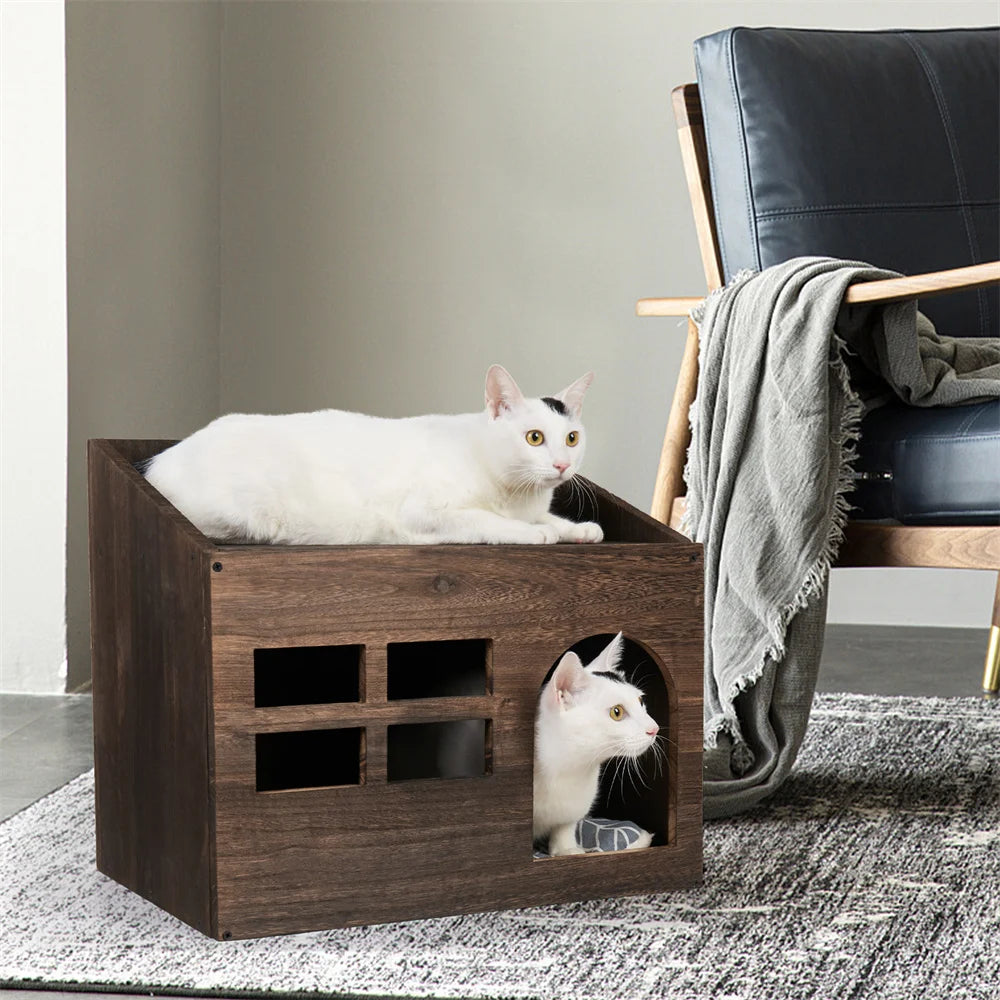 2 In 1 Wooden Cat House Puppy Rabbit Hideout Shelter Small Cat Pet End Table Furniture with Soft Washable Cushion Indoor Outdoor