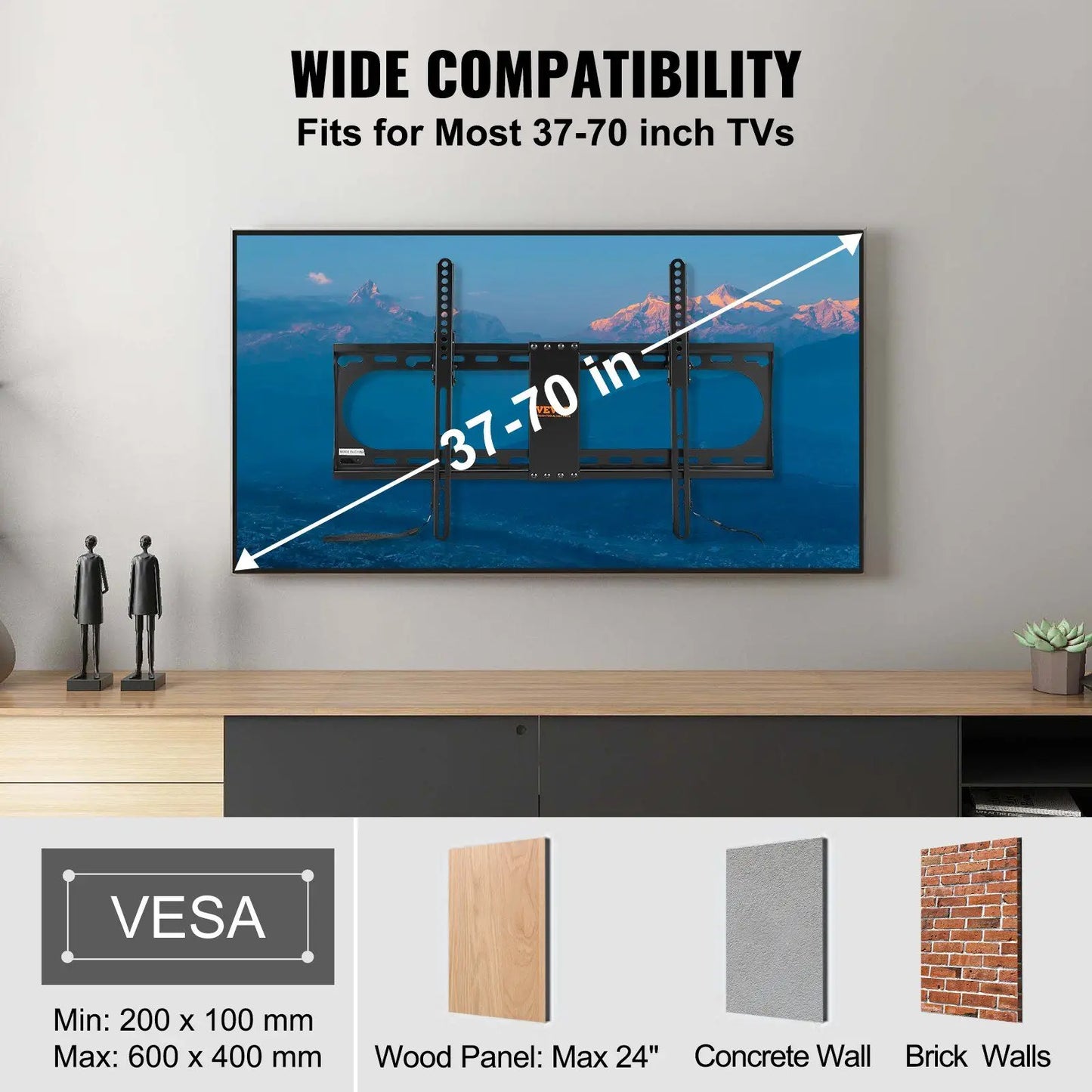 Universal Low Profile TV Wall Mount for 37-70 Inch TVs Max VESA 600x400 132 Lbs Capacity Tilt TV Brackets Holds up to 132 Lbs