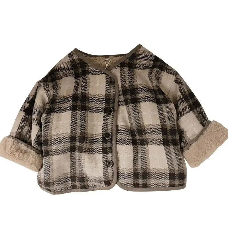 Woolen Plaid Children's Plush Coat Korean Version Autumn and Winter New Boys' and Girls' Coats Loose Baby Cotton Padded Clothes