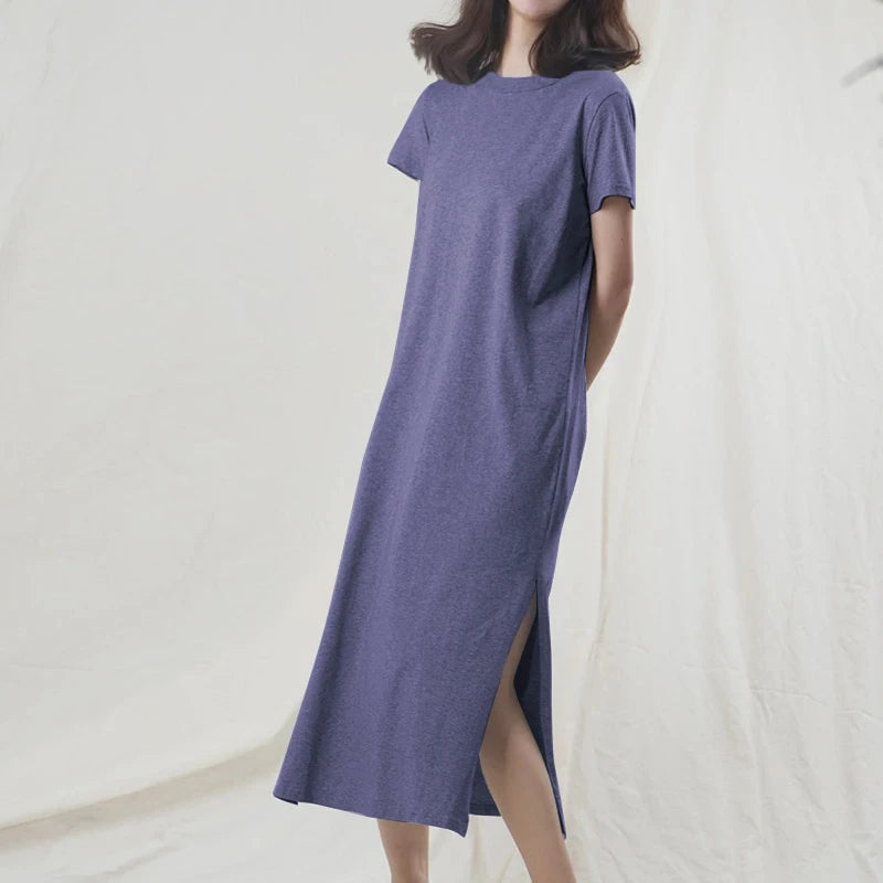 Casual 94% Cotton Summer Women's Dresses Solid Short Sleeve Spilt Long Midi Dress Fashion Sundress Female Clothing，M30465