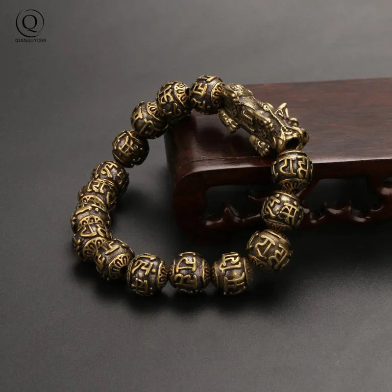 Vintage Copper Six Words Mysterious Animal Beads Chains Bracelets Brass Rosary Bangles Fashion Men Luckly Money Bracelet Jewelry