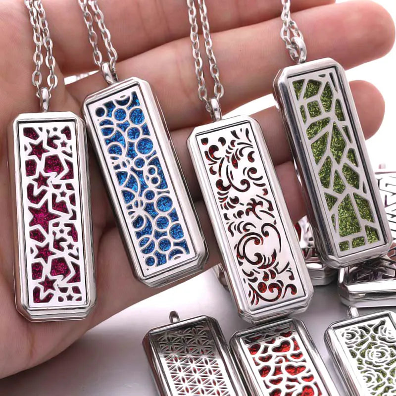 Rectangle Pendant Stainless Steel Magnetic Perfume Necklace Aromatherapy Essential Oil Diffuser Locket Fashion Necklace Jewelry