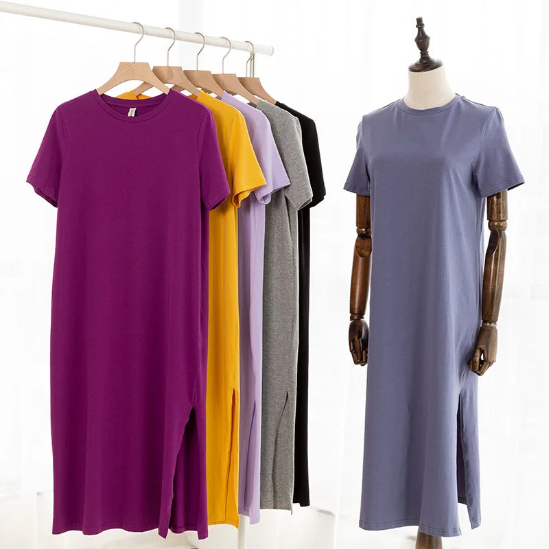 Casual 94% Cotton Summer Women's Dresses Solid Short Sleeve Spilt Long Midi Dress Fashion Sundress Female Clothing，M30465