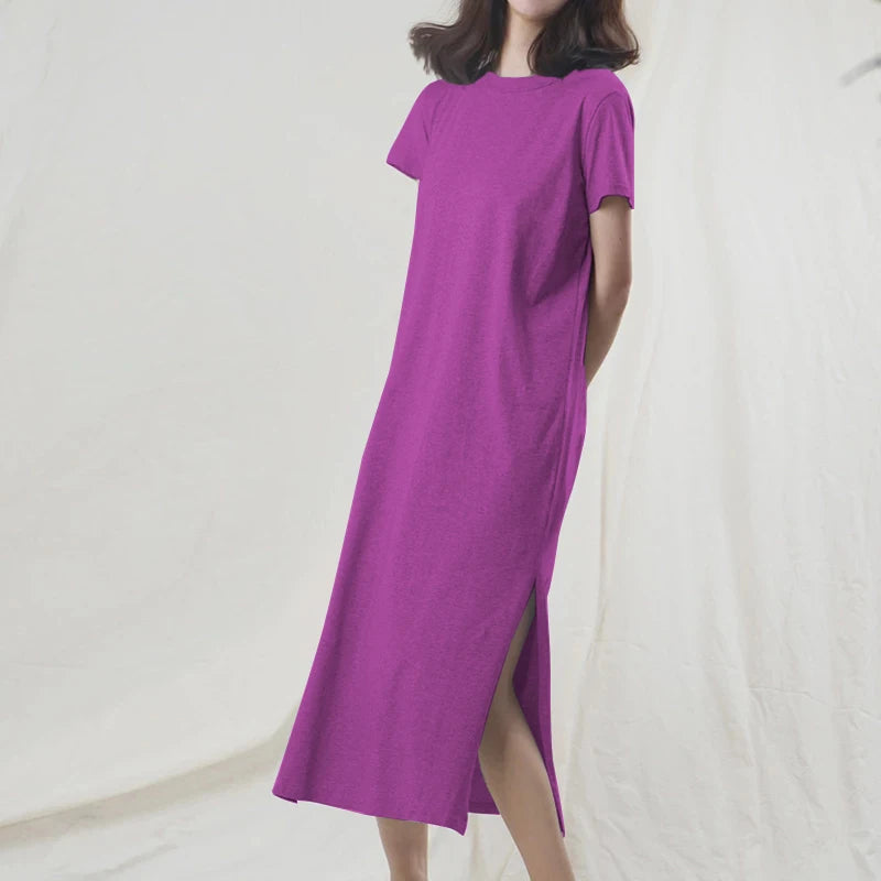 Casual 94% Cotton Summer Women's Dresses Solid Short Sleeve Spilt Long Midi Dress Fashion Sundress Female Clothing，M30465