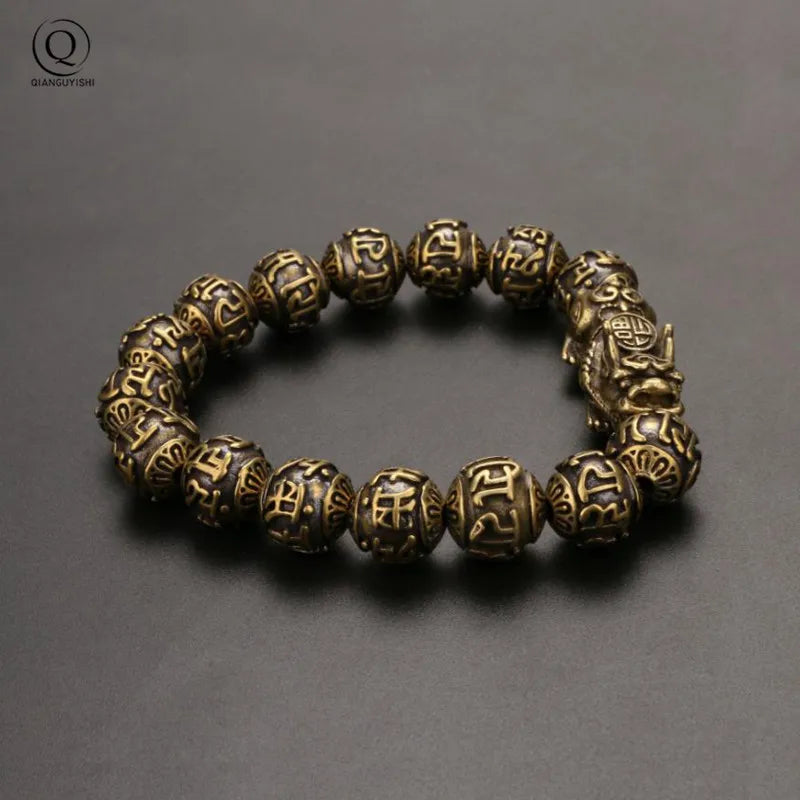 Vintage Copper Six Words Mysterious Animal Beads Chains Bracelets Brass Rosary Bangles Fashion Men Luckly Money Bracelet Jewelry
