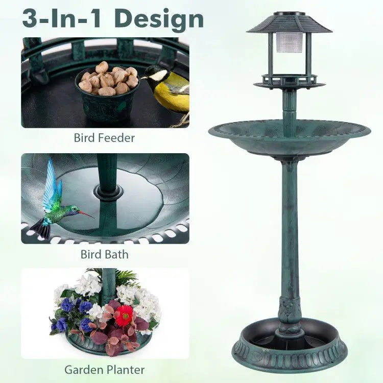 Solar-Powered Pedestal Bird Bath Featuring a Bird Feeder and Flower Planter for Garden Lighting