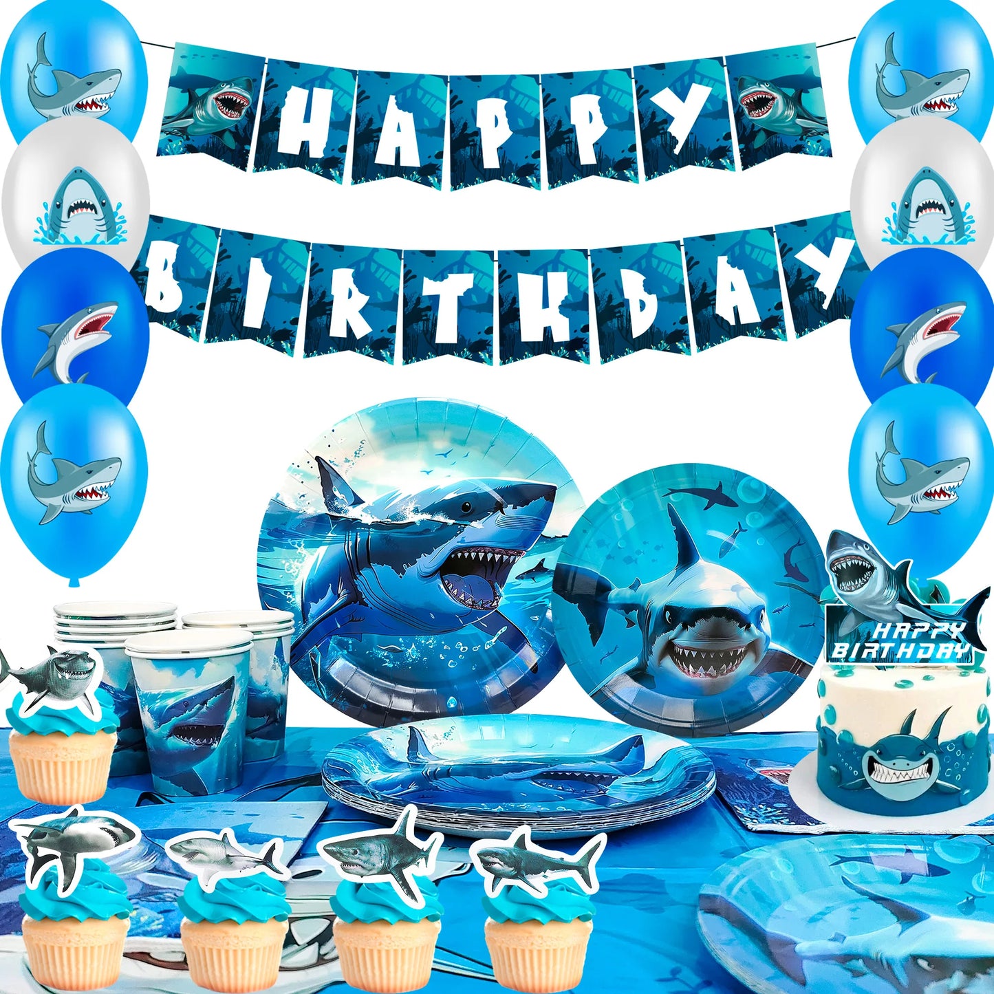 Shark Party Supplies,67 Pcs Shark Birthday Party Decorations & Shark Party Tableware Set -Plates and Napkins Tablecloths