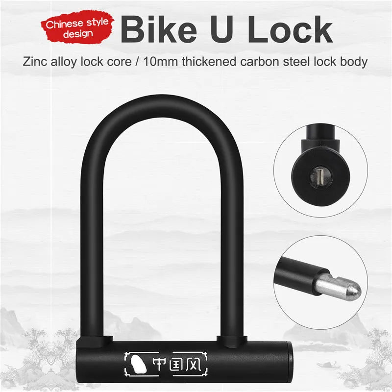 WEST BIKING Bicycle U Lock Portable Zinc Alloy MTB Road Bike Padlock Anti-theft Safety Lock Motorcycle E-Bike Cycling Accessory