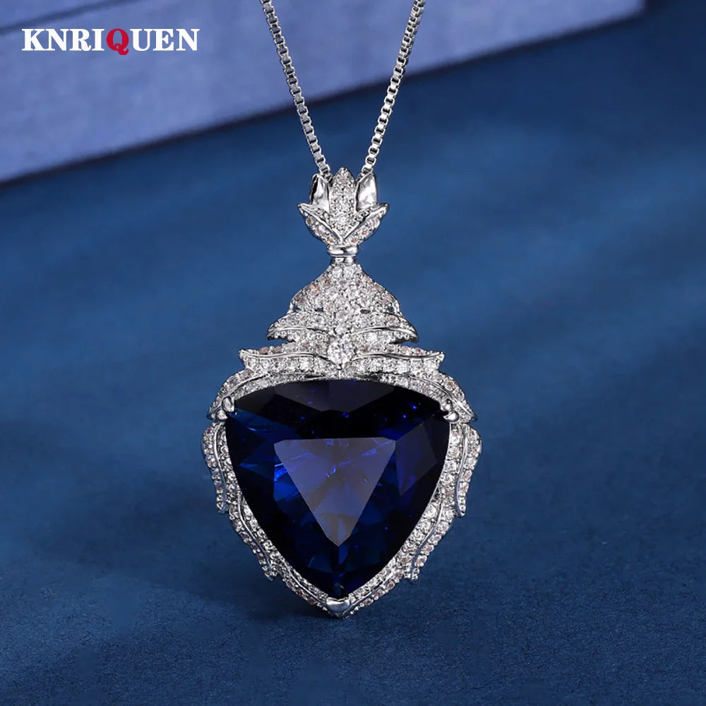 Luxury Vintage  19*20mm Sapphire Pendant Necklace for Women Full Lab Diamond Cocktail Party Fine Jewelry Accessories Female Gift