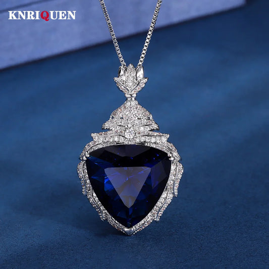 Luxury Vintage  19*20mm Sapphire Pendant Necklace for Women Full Lab Diamond Cocktail Party Fine Jewelry Accessories Female Gift