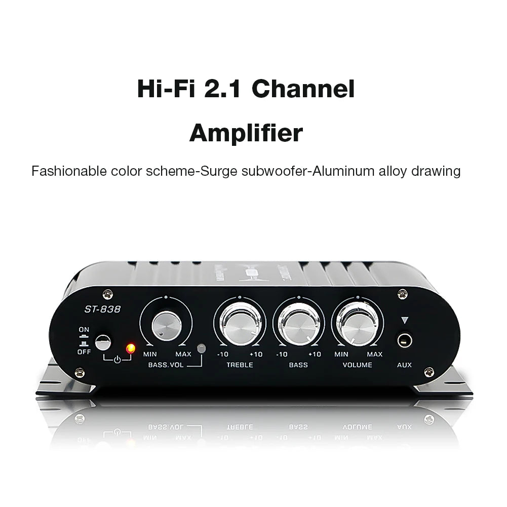 ST-838 HiFi 2.1 Channel Power Amplifier Stereo Bass Sound Amp RMS 80W*2 Class D Mini Media Player MP3 Car Black Home Amplify
