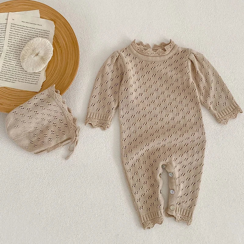 Newborn Baby Boys Girls Knitted Jumpsuit Climbing +Hat Suit Hollowed Out Clothing Romper Children's Casual Baby Soft Clothes
