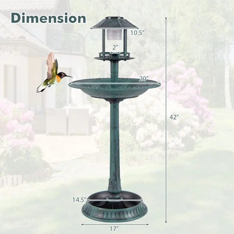 Solar-Powered Pedestal Bird Bath Featuring a Bird Feeder and Flower Planter for Garden Lighting
