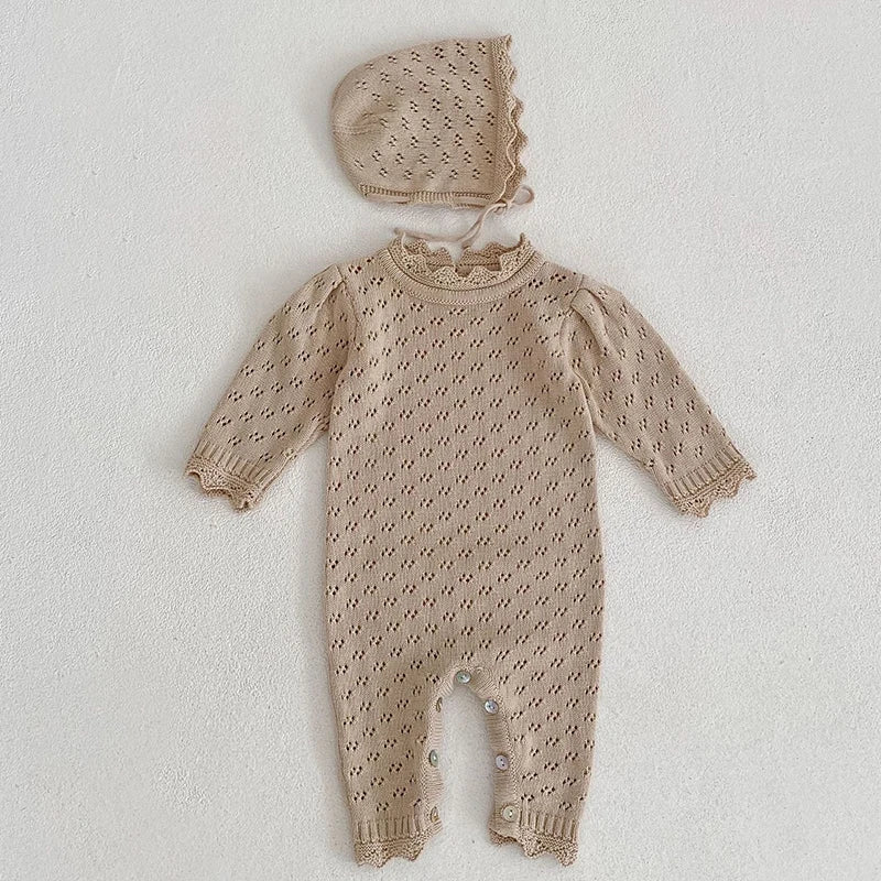 Newborn Baby Boys Girls Knitted Jumpsuit Climbing +Hat Suit Hollowed Out Clothing Romper Children's Casual Baby Soft Clothes