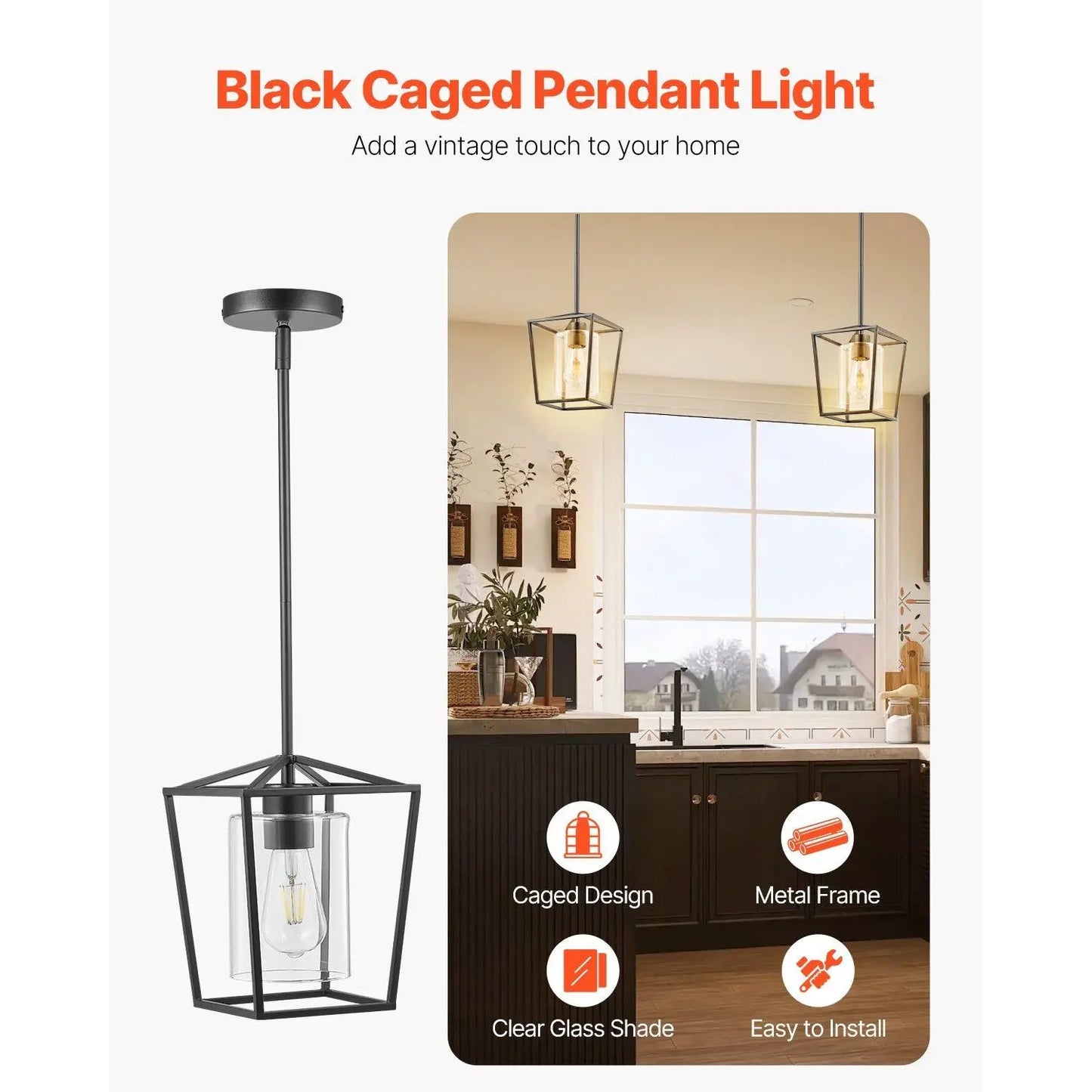Black Iron Cage Metal Pendant Light with Glass Shade Elegant Chandelier & Pendant Lighting