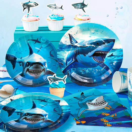 Shark Party Supplies,67 Pcs Shark Birthday Party Decorations & Shark Party Tableware Set -Plates and Napkins Tablecloths