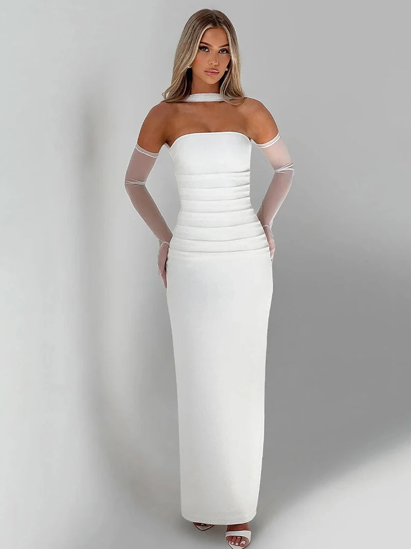MSCSZ Elegant Strapless Long Dresses For Women Off Shoulder Backless Bodycon Maxi Dress Sexy Party Evening Dress With Gloves
