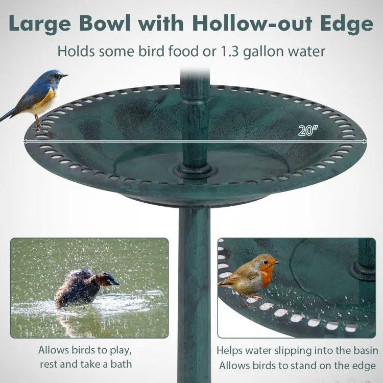 Solar-Powered Pedestal Bird Bath Featuring a Bird Feeder and Flower Planter for Garden Lighting