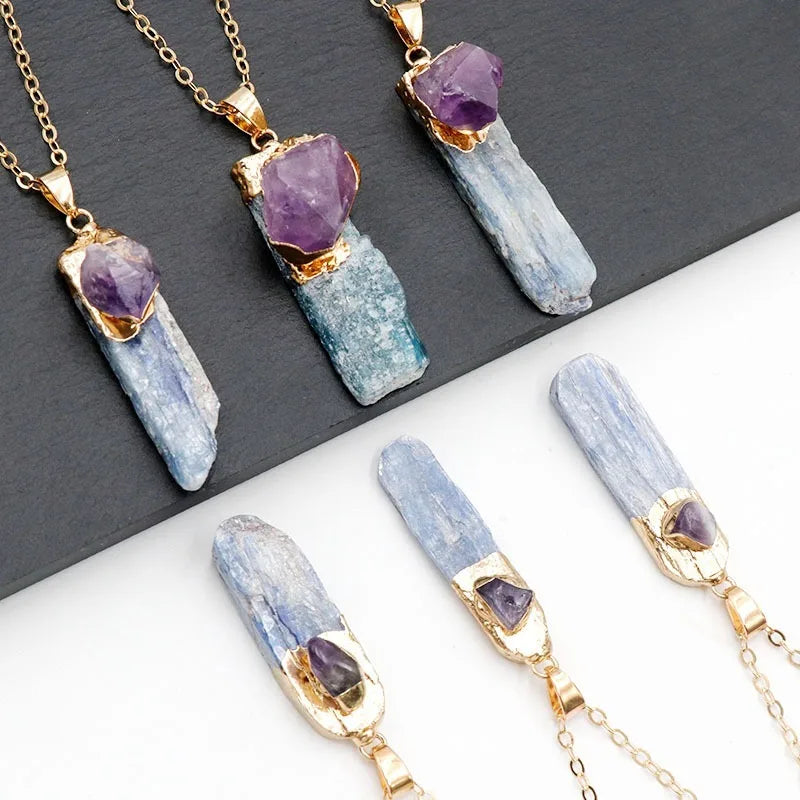 Natural bluestone pendant bluestone with amethyst necklace irregular bluestone blue crystal necklace Crystals and Healing Stones