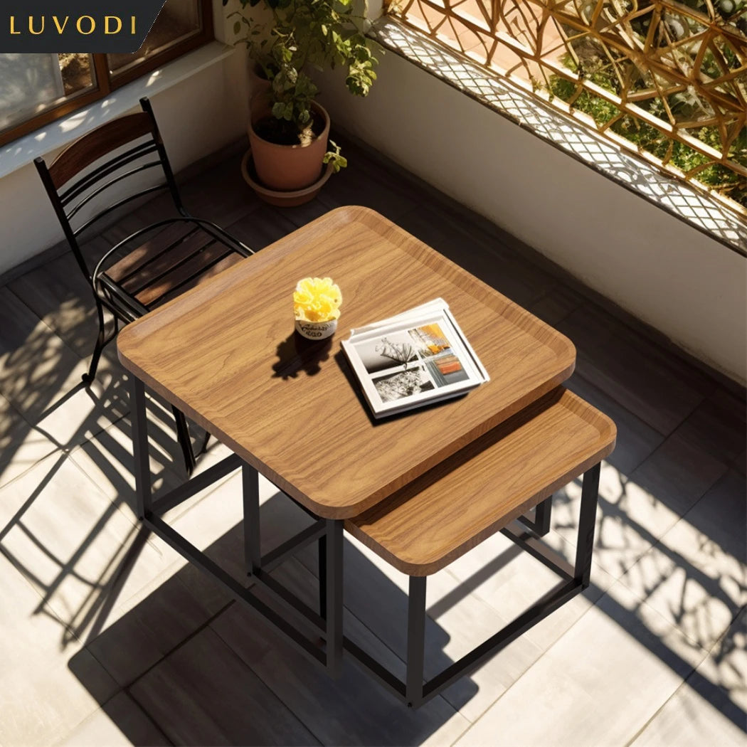 LUVODI Set of 2 Industrial Coffee Table Retro Square Wooden Center Tea Table Living Room Sofa Table with Metal Base