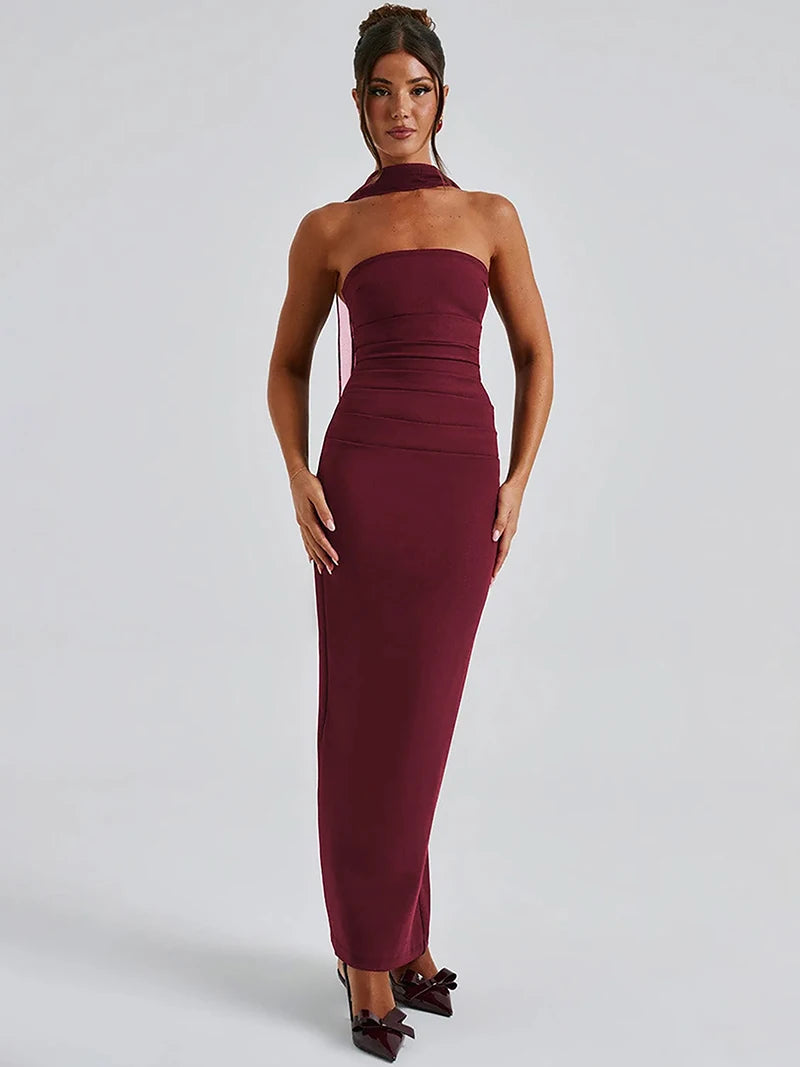 MSCSZ Elegant Strapless Long Dresses For Women Off Shoulder Backless Bodycon Maxi Dress Sexy Party Evening Dress With Gloves