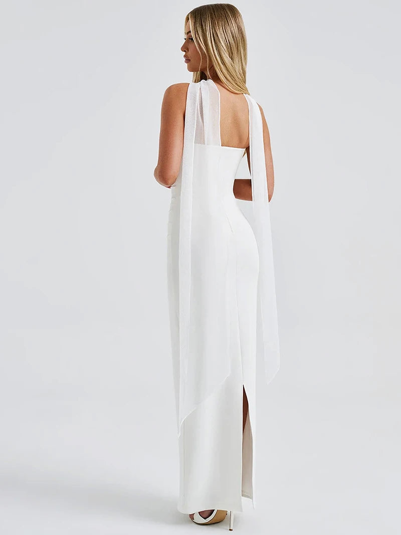 MSCSZ Elegant Strapless Long Dresses For Women Off Shoulder Backless Bodycon Maxi Dress Sexy Party Evening Dress With Gloves