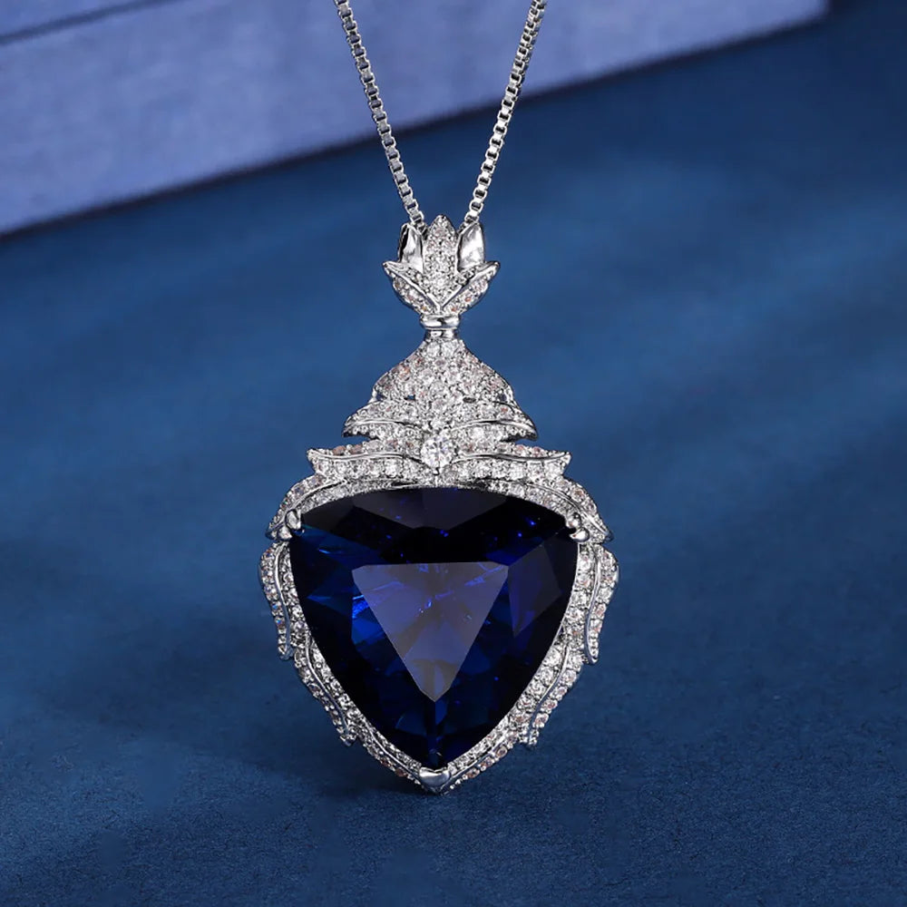 Luxury Vintage  19*20mm Sapphire Pendant Necklace for Women Full Lab Diamond Cocktail Party Fine Jewelry Accessories Female Gift