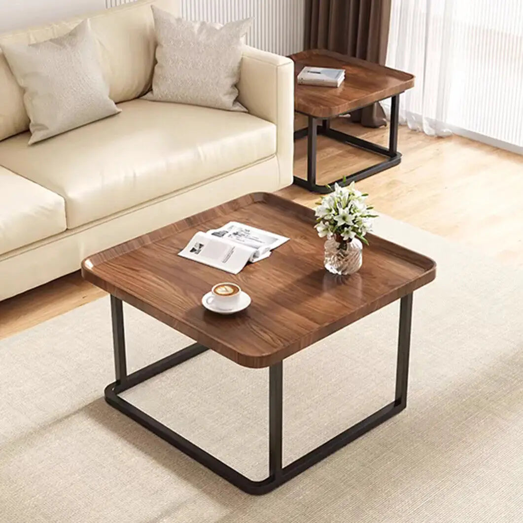 LUVODI Set of 2 Industrial Coffee Table Retro Square Wooden Center Tea Table Living Room Sofa Table with Metal Base