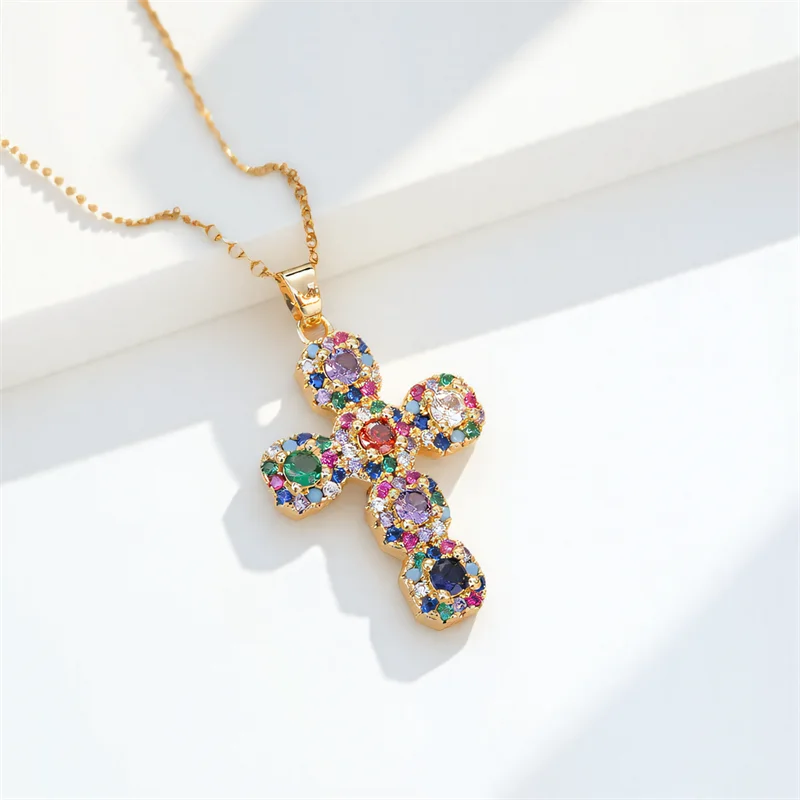 Multicolor Zircon Big Cross Pendant Female Luxury Clavicle Necklaces For Women Stainless Steel Chains Wedding Party Neck Jewelry