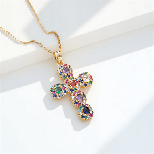 Multicolor Zircon Big Cross Pendant Female Luxury Clavicle Necklaces For Women Stainless Steel Chains Wedding Party Neck Jewelry