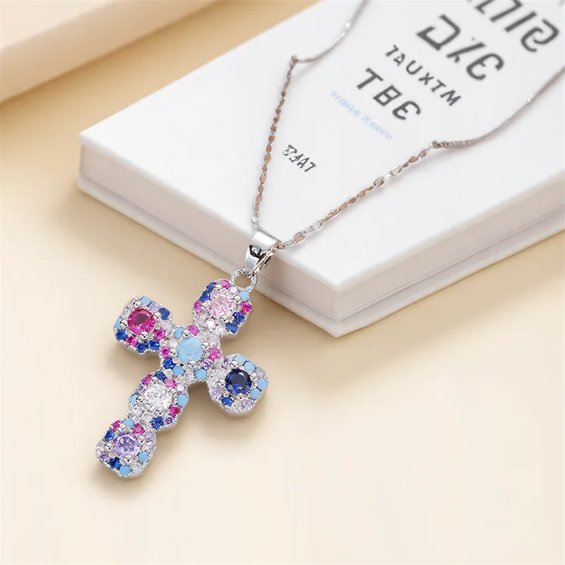 Multicolor Zircon Big Cross Pendant Female Luxury Clavicle Necklaces For Women Stainless Steel Chains Wedding Party Neck Jewelry