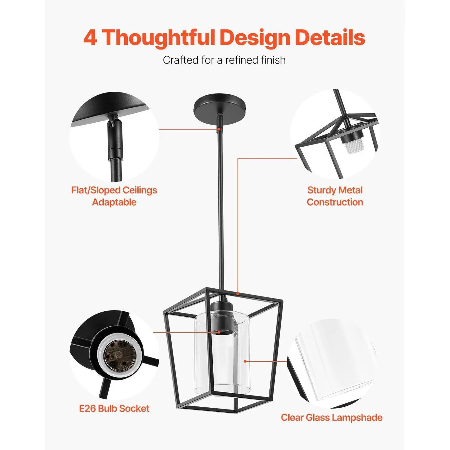 Black Iron Cage Metal Pendant Light with Glass Shade Elegant Chandelier & Pendant Lighting