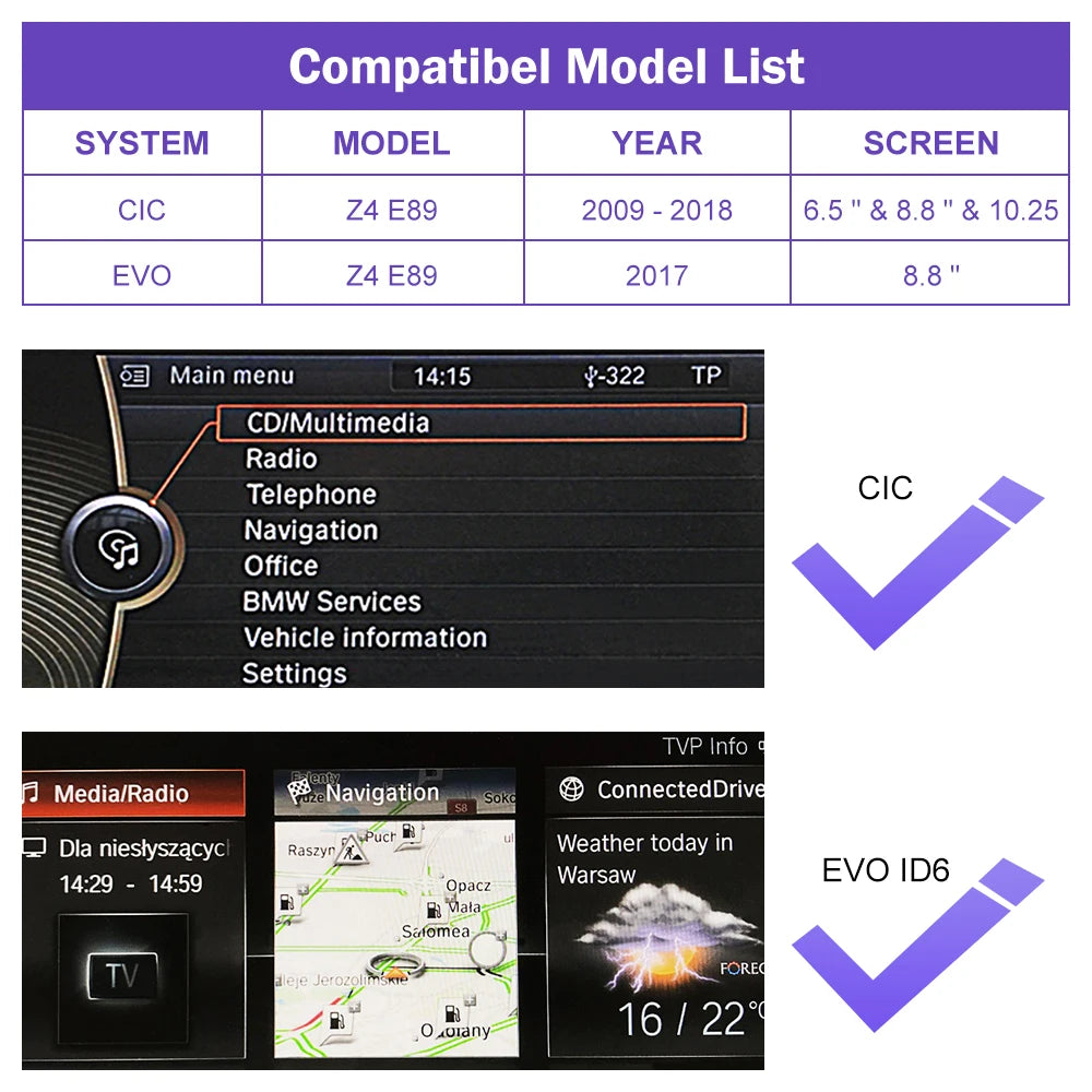 Road Top Wireless CarPlay for BMW Z4 E89 2009-2018, with Android Auto Mirror Link AirPlay Camera View USB Car Play Function
