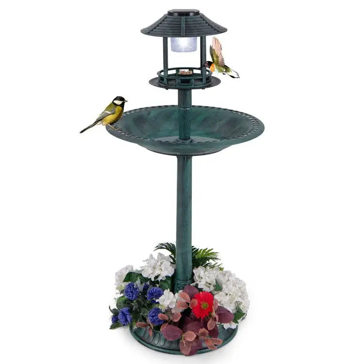 Solar-Powered Pedestal Bird Bath Featuring a Bird Feeder and Flower Planter for Garden Lighting