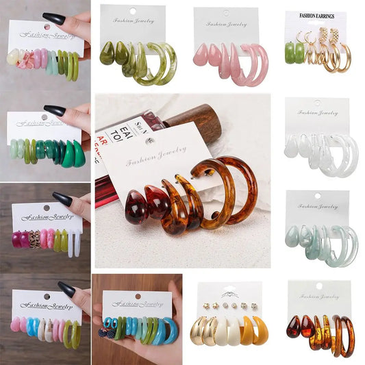 Trendy Acrylic Geometric Hoop Earring Sets for Women Vintage Bohemia Colorful Acrylic C-Shaped Earrings Fashion Jewelry Gifts