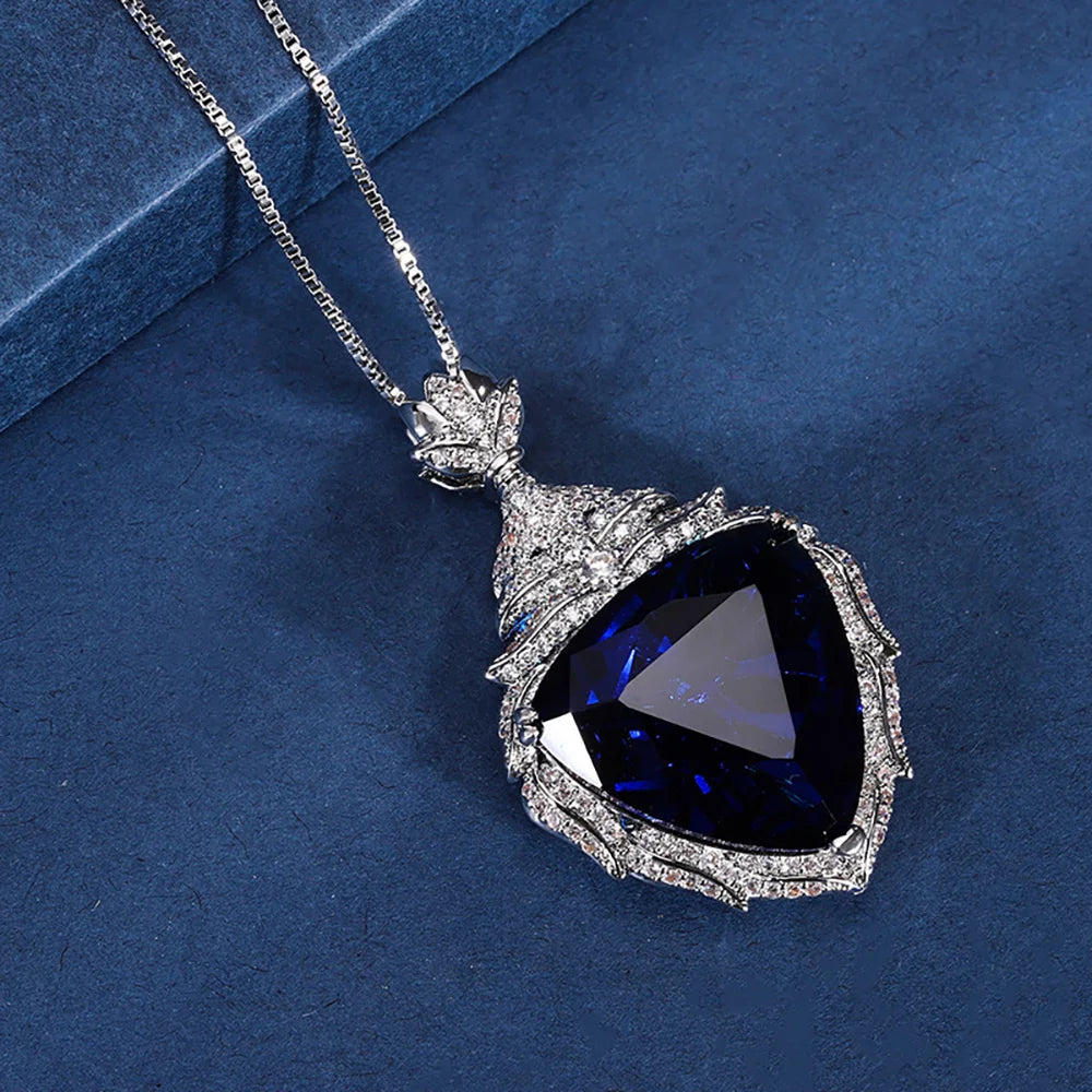 Luxury Vintage  19*20mm Sapphire Pendant Necklace for Women Full Lab Diamond Cocktail Party Fine Jewelry Accessories Female Gift