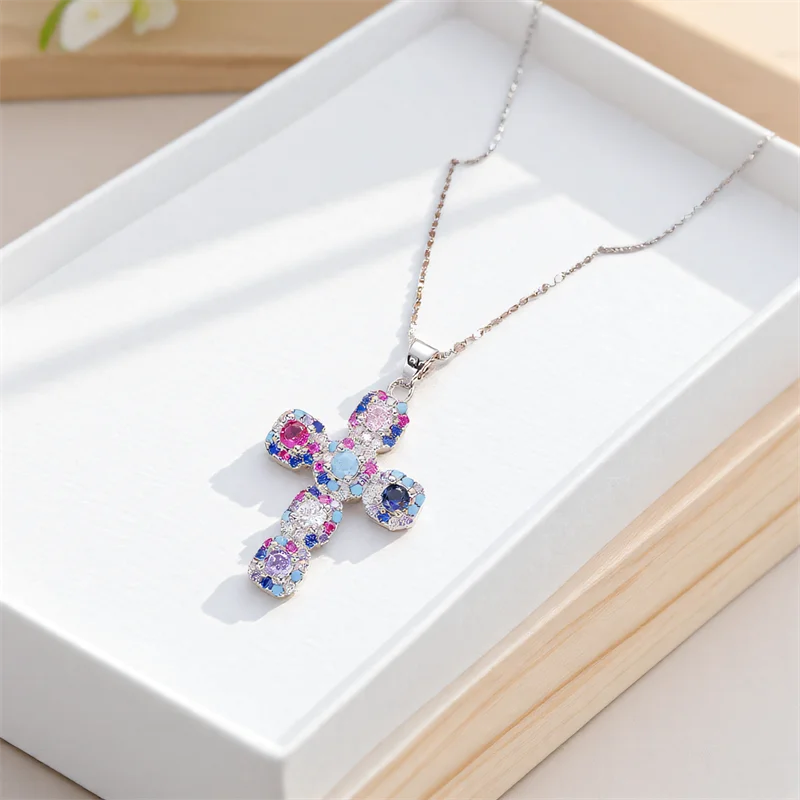 Multicolor Zircon Big Cross Pendant Female Luxury Clavicle Necklaces For Women Stainless Steel Chains Wedding Party Neck Jewelry