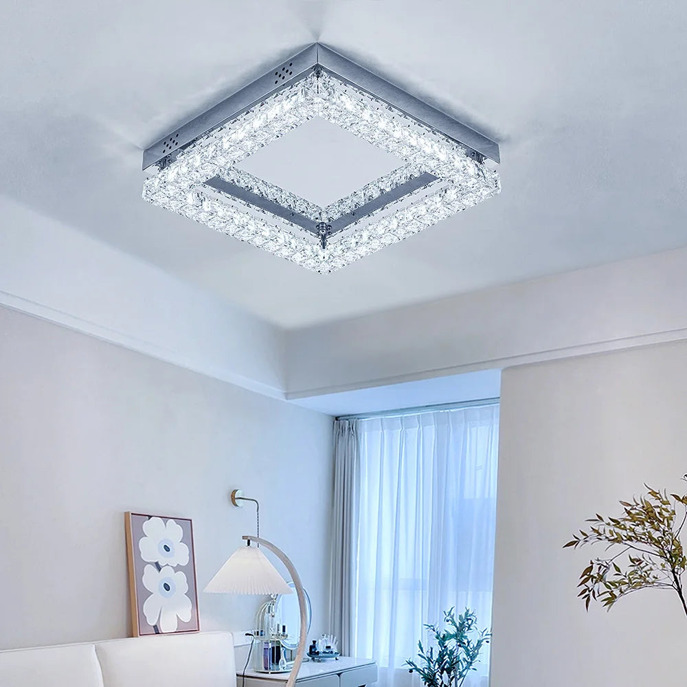 KOMORE Elegant Crystal Round & Square Ceiling Light for Living Room, Bedroom, Kitchen