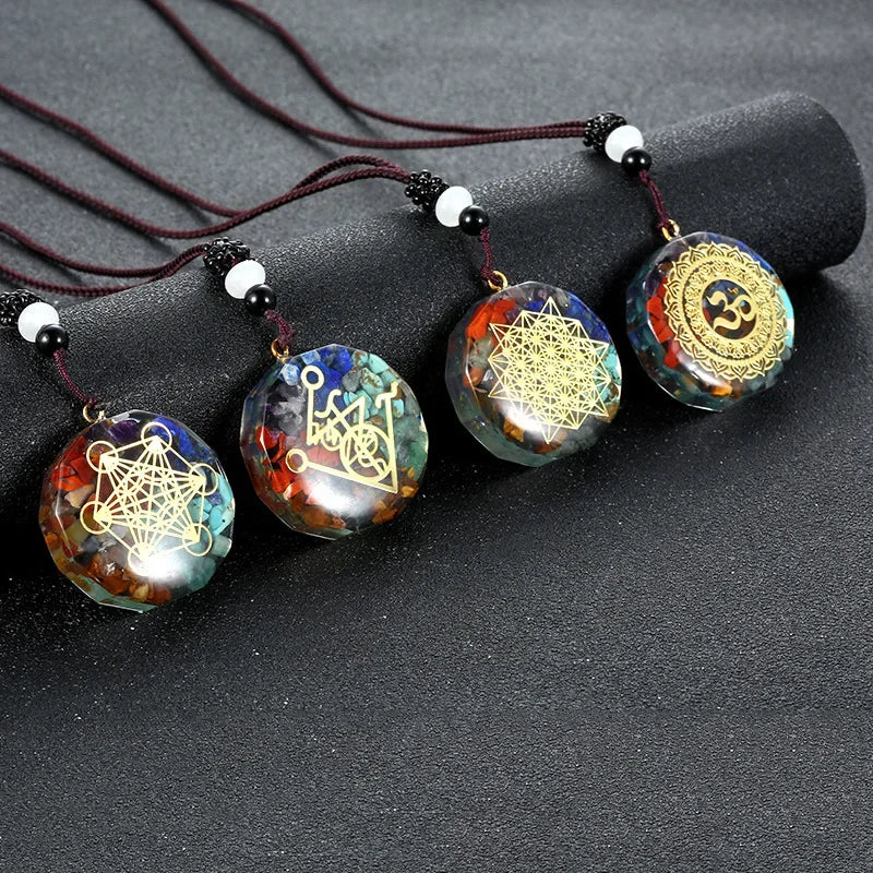 Retro Colorful Chips Natural Turquoise Amethyst Stone Chakra Orgone Energy Pendulum Amulet Reiki Healing Pendant Necklace